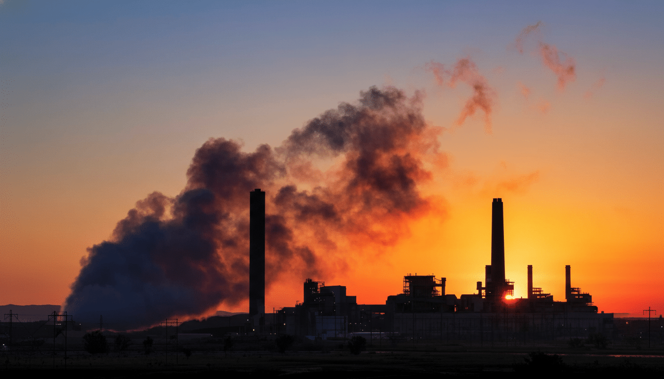 A power plant silhouetted against a vibrant sunset, with smoke billowing from its stacks.