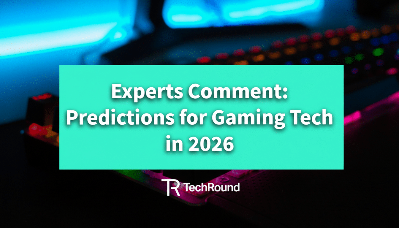 A 16:9 aspect ratio image with a teal rectangular overlay stating Experts Comment: Predictions for Gaming Tech in 2026 in white text, set against a blurred background of a gaming keyboard with blue and pink backlighting. The TechRound logo is visible at the bottom center.