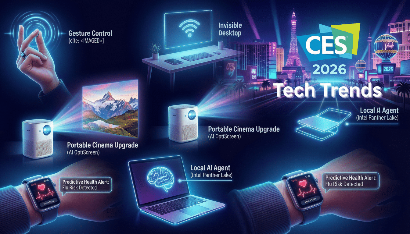 A vibrant, futuristic infographic showcasing CES 2026 Tech Trends with various glowing blue holographic devices and concepts, including gesture control, invisible desktop, portable cinema upgrades, local AI agents, and predictive health alerts, all set against a backdrop of a stylized city skyline with the Eiffel Tower and Las Vegas landmarks.
