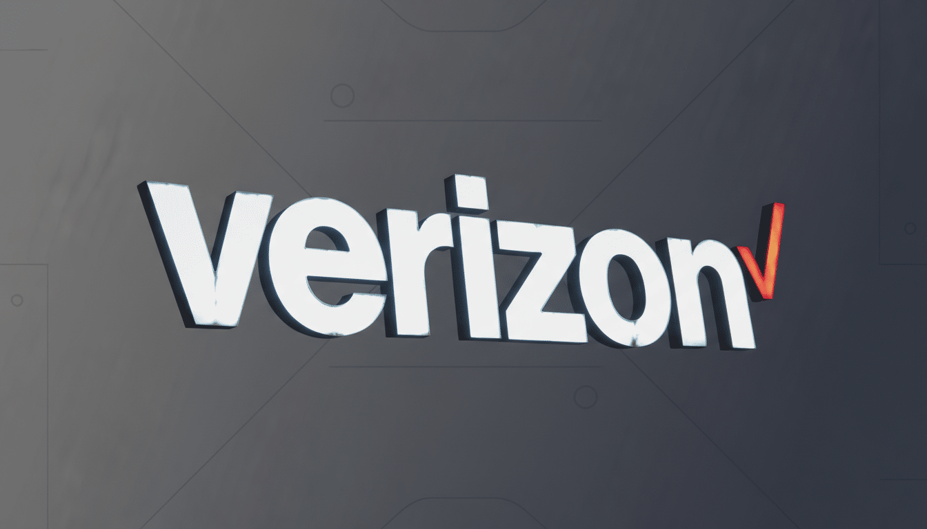 The Verizon logo, featuring the word Verizon in white with a red checkmark, is displayed against a professional flat gray background with subtle geometric patterns.