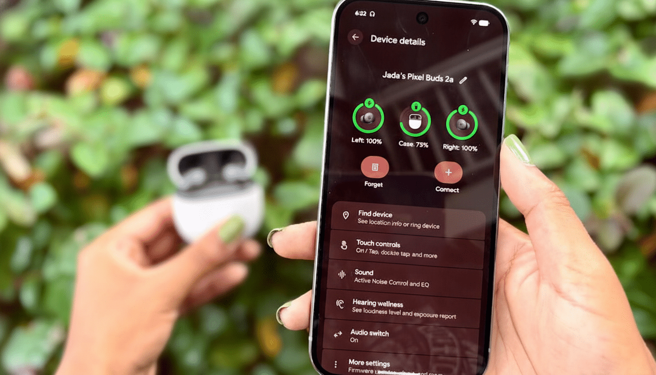 A person holding a smartphone displaying the Device details screen for Jadas Pixel Buds 2a, with battery levels shown for the left bud (100%), case (75%), and right bud (100%). In the background, another hand holds the open Pixel Buds charging case.