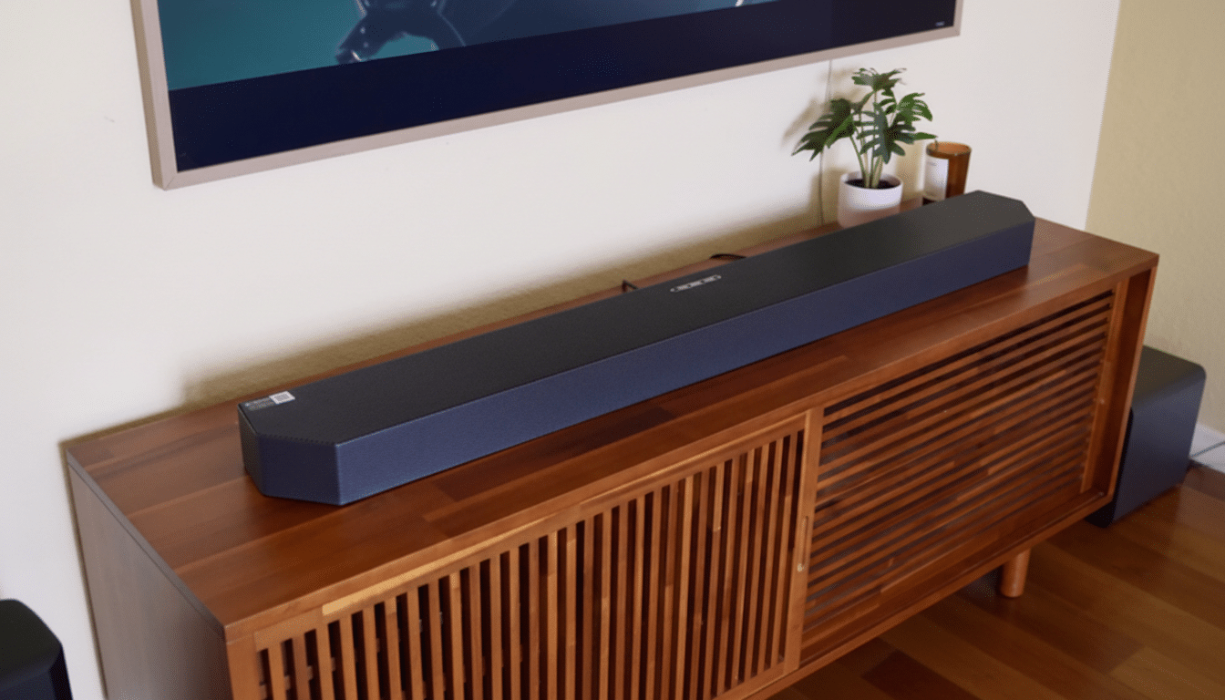 A black soundbar sits on a wooden media console with a television mounted above it.
