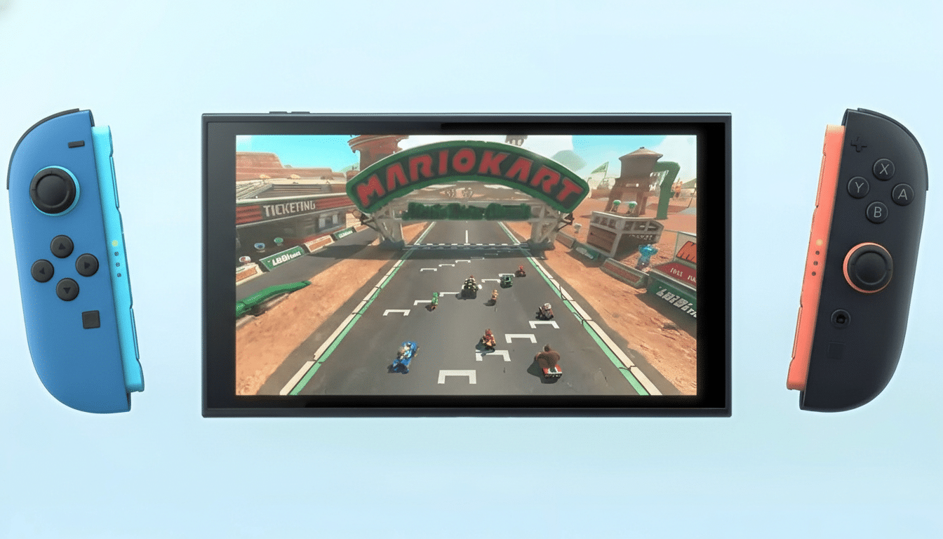 A Nintendo Switch console with blue and red Joy-Cons detached, displaying Mario Kart on its screen.