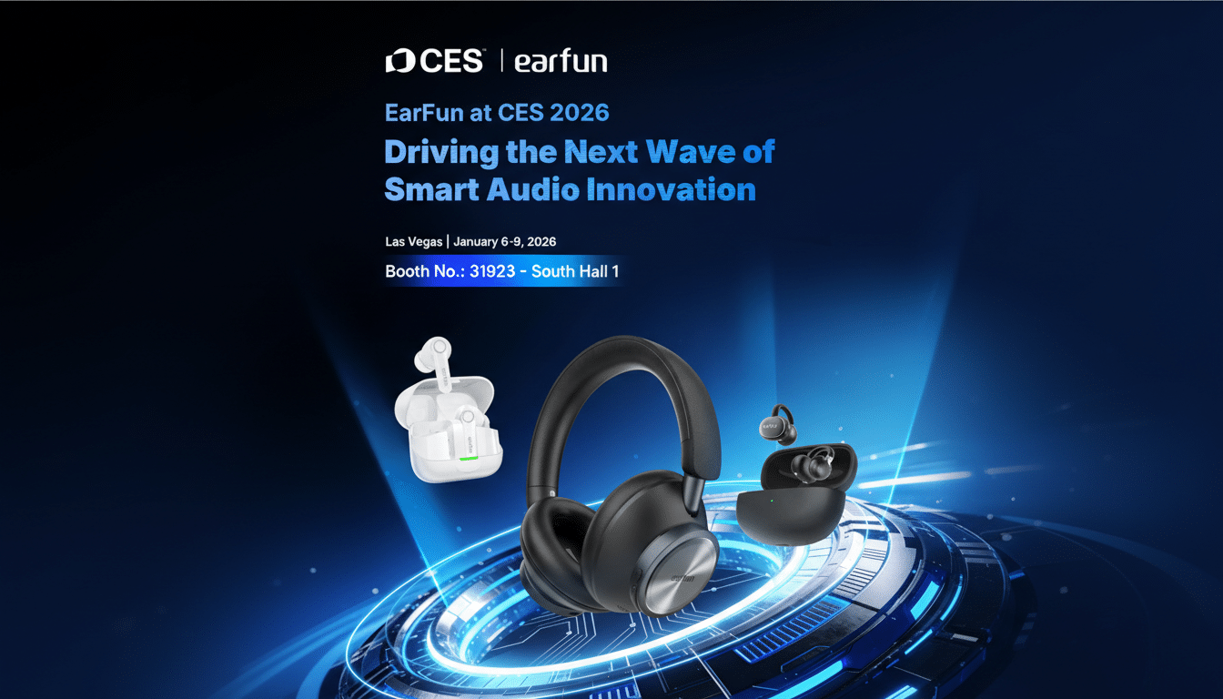A 16:9 aspect ratio image for EarFun at CES 2026, showcasing various EarFun audio products including over-ear headphones and in-ear earbuds, with the text Driving the Next Wave of Smart Audio Innovation and event details.