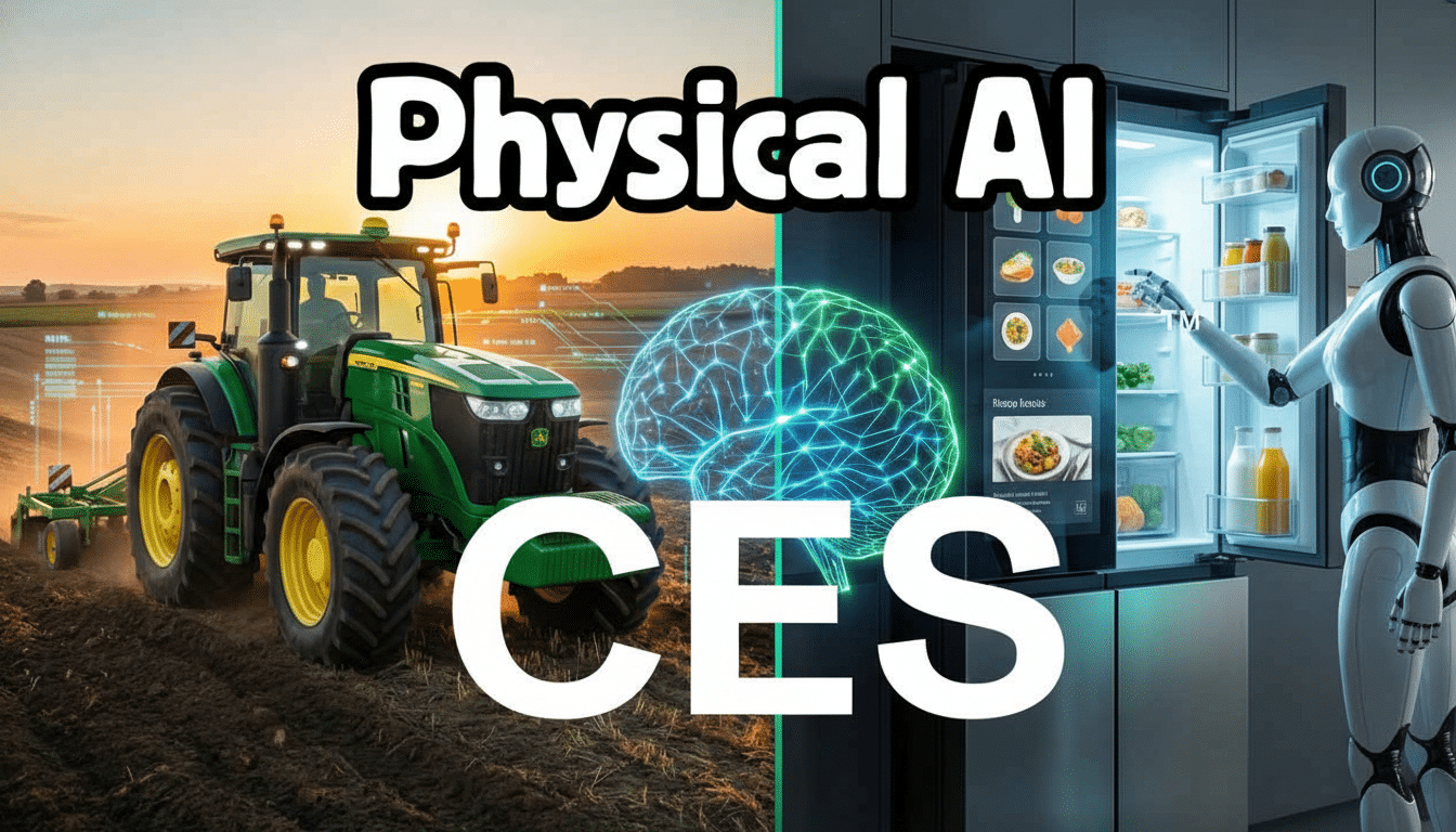 An image with Physical AI and CES text, split into two scenes. The left scene shows a green tractor in a field at sunset, with digital elements overlaid. The right scene features a humanoid robot opening a smart refrigerator in a modern kitchen. A glowing brain graphic is centered at the bottom.