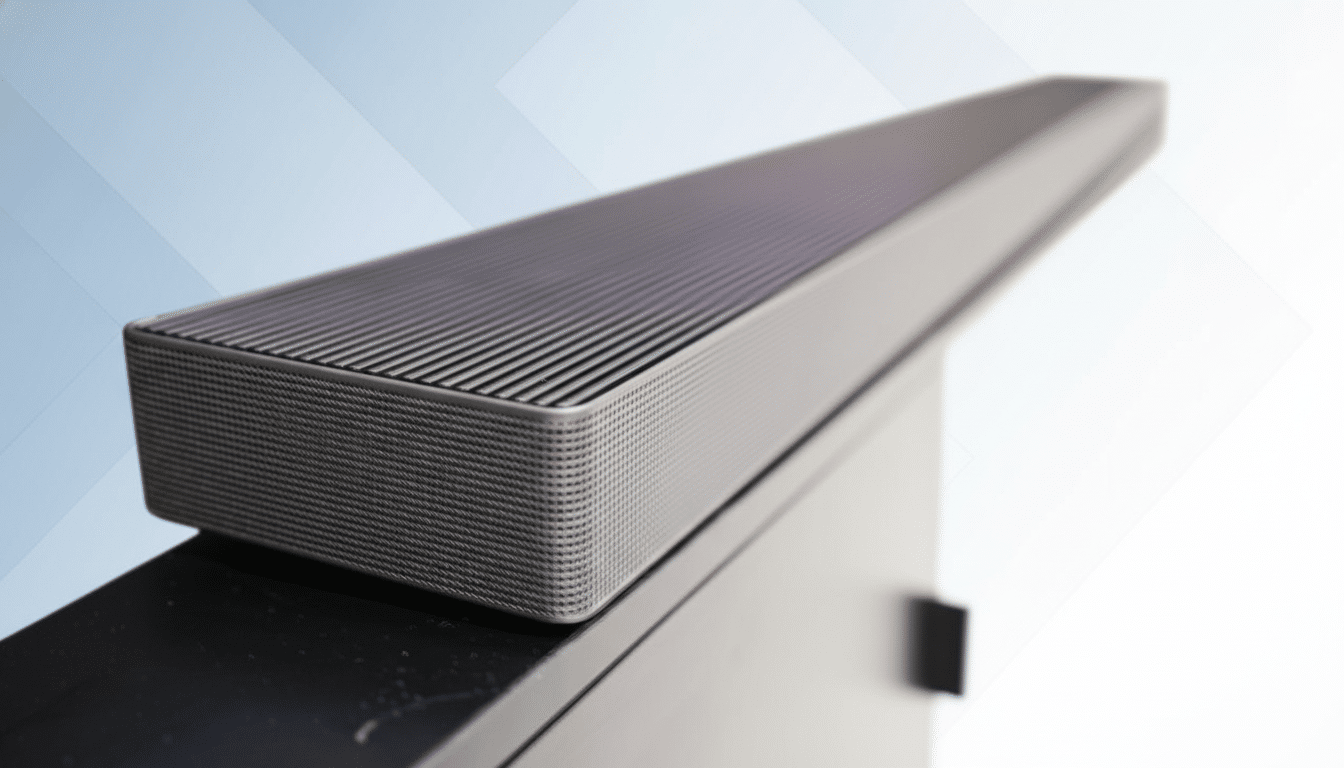 A sleek, gray soundbar with a textured grille, professionally presented against a soft blue and white gradient background.