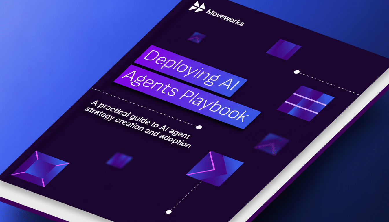 A book titled Deploying AI Agents Playbook by Moveworks, presented on a professional background.