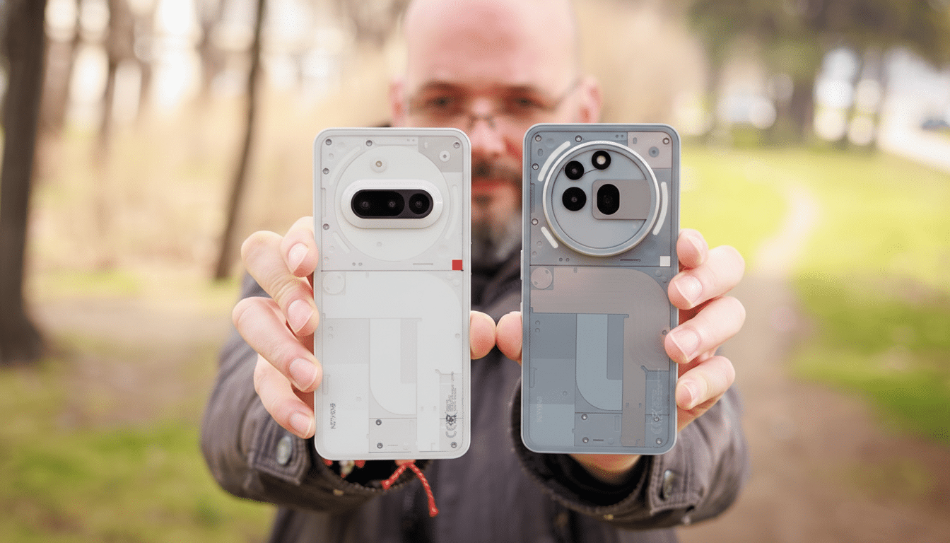 A person holding two Nothing phones, one white and one gray, in a park setting.