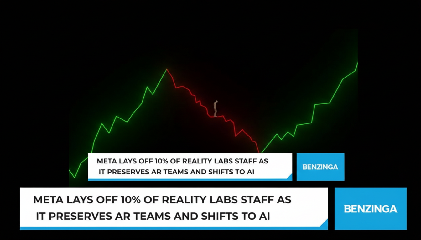 A graph with a red line going down and a green line going up, with a small figure standing on the red line. Below the graph is a news headline that reads META LAYS OFF 10% OF REALITY LABS STAFF AS IT PRESERVES AR TEAMS AND SHIFTS TO AI with the Benzinga logo.