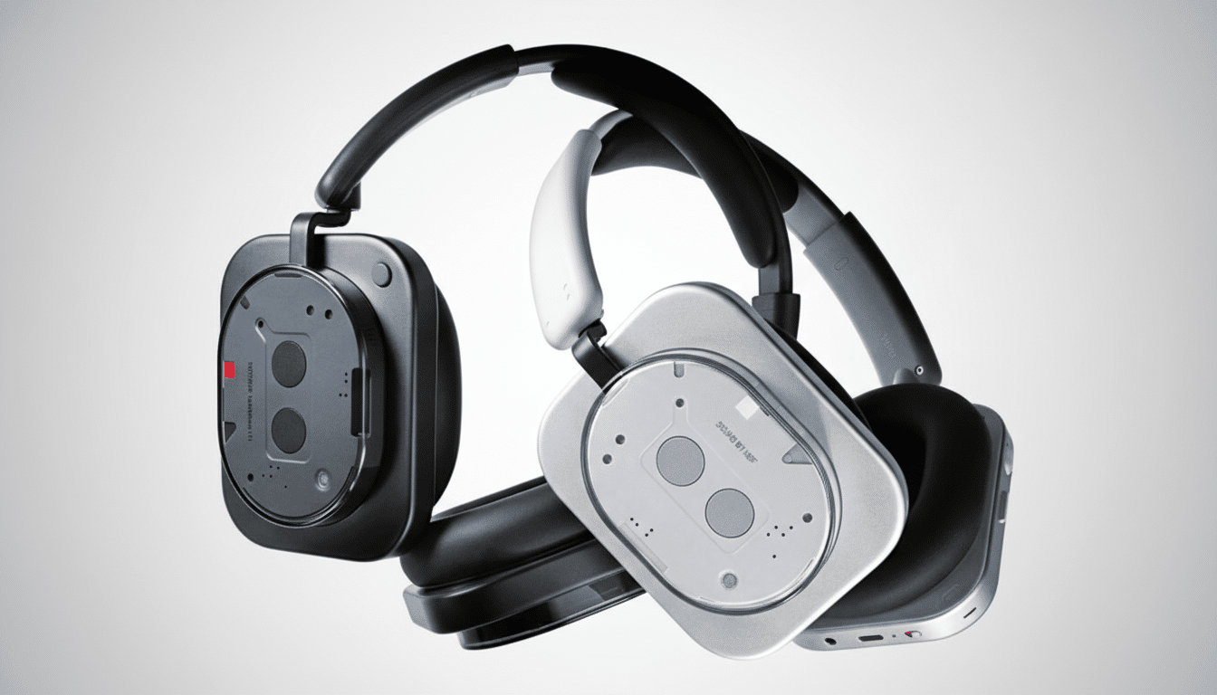A pair of black and silver over-ear headphones with square earcups, presented on a clean, professional background.