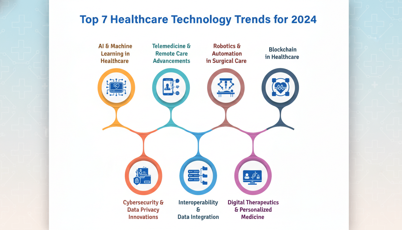 An infographic titled Top 7 Healthcare Technology Trends for 2024 displaying seven interconnected circles, each representing a trend with an icon and text. The trends are AI & Machine Learning in Healthcare, Telemedicine & Remote Care Advancements, Robotics & Automation in Surgical Care, Blockchain in Healthcare, Cybersecurity & Data Privacy Innovations, Interoperability & Data Integration, and Digital Therapeutics & Personalized Medicine.