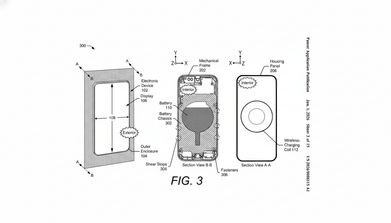 A patent drawing showing three views of an electronic device, likely a smartphone, with internal components labeled.