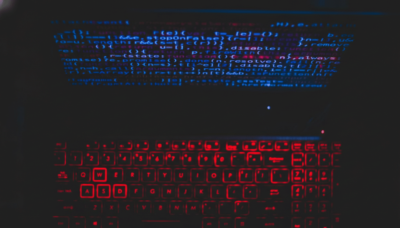 A dark image showing a computer screen displaying lines of code in blue and red, with a red backlit keyboard below it.