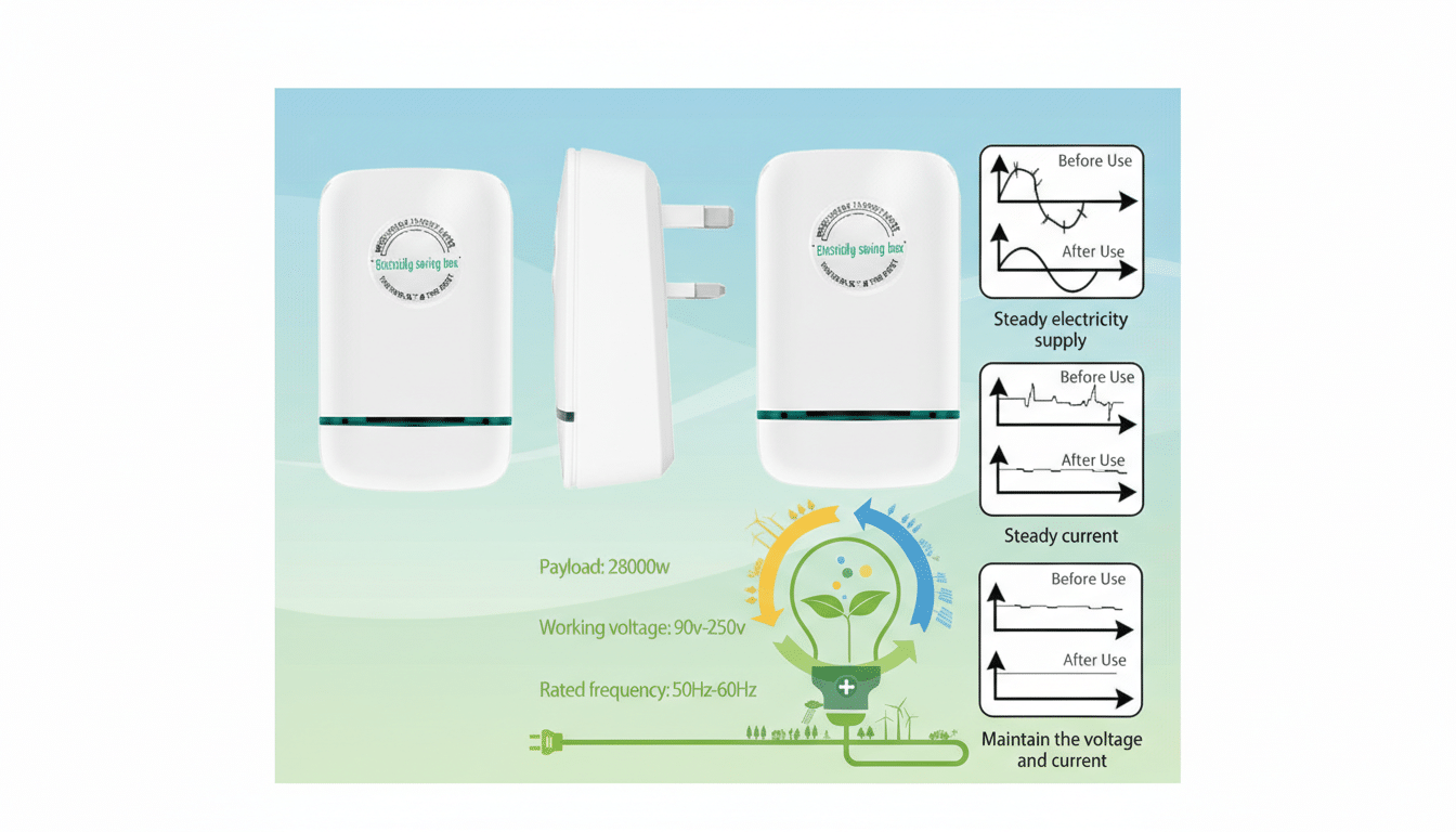 A white electricity-saving box with green accents is shown from two angles, alongside diagrams illustrating its effects on electricity supply, current, and voltage. The background is a soft gradient of light blue and green.