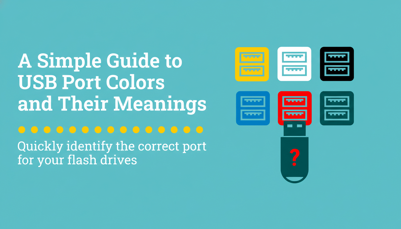 A simple guide to USB port colors and their meanings, with illustrations of different colored USB ports and a USB flash drive.