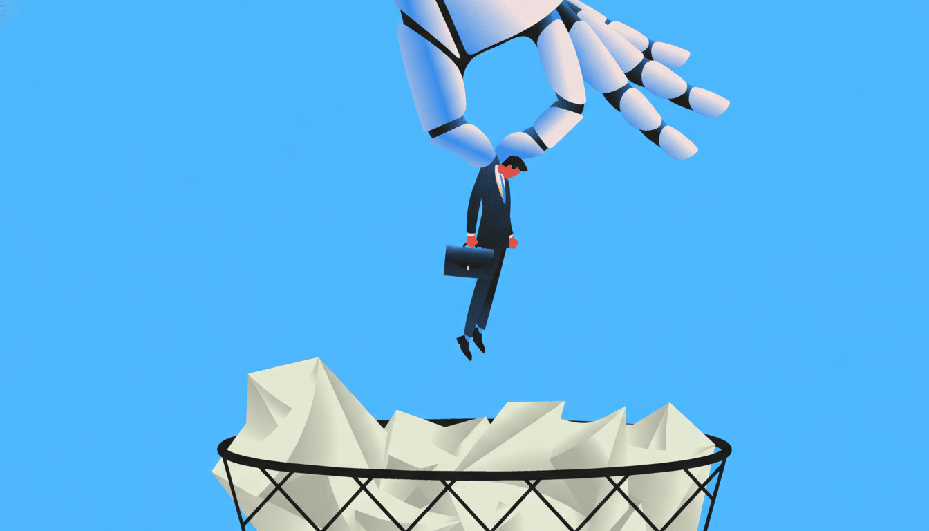 A robotic hand dropping a businessman into a trash can filled with crumpled papers, set against a blue background.