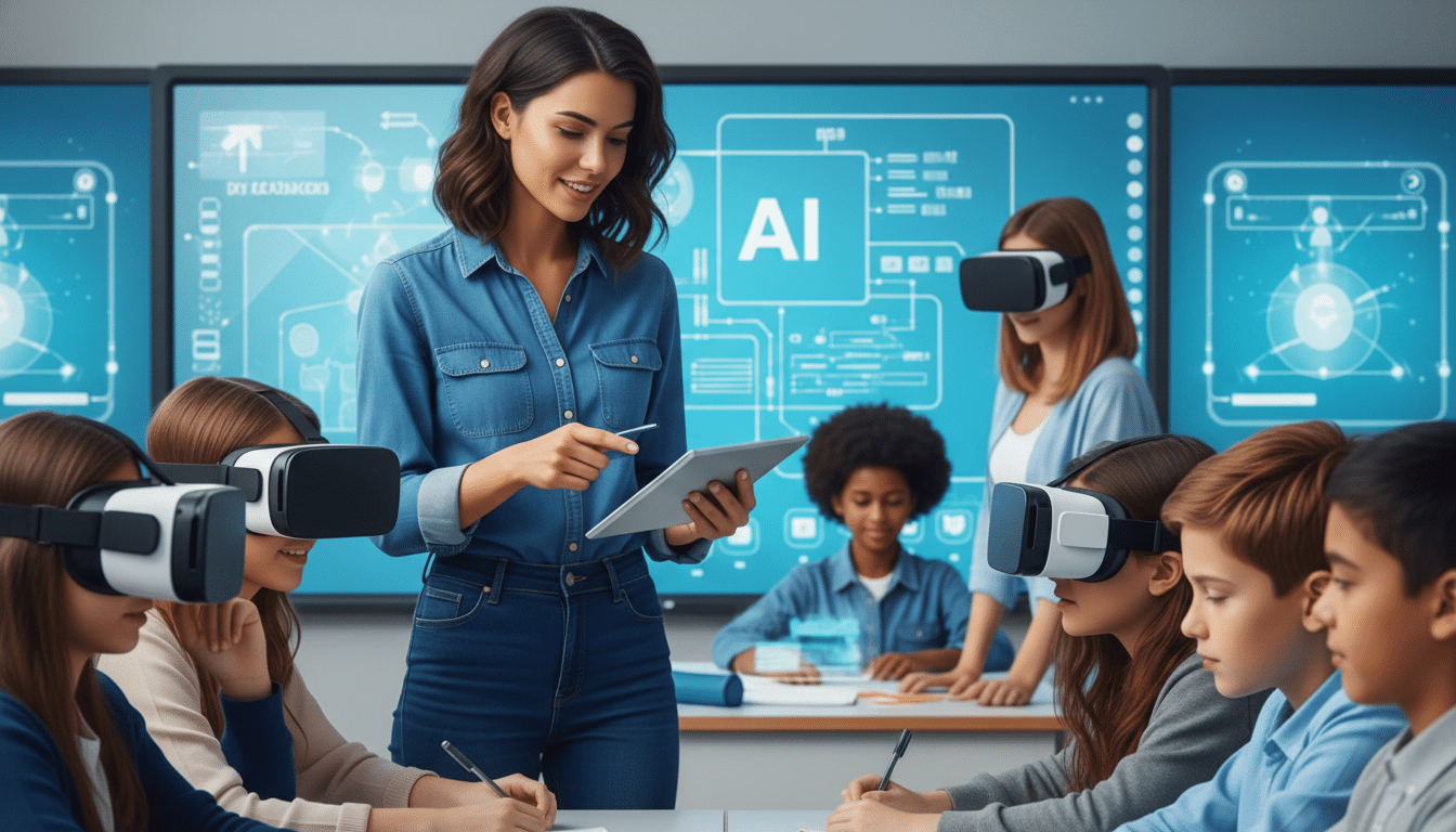 A female teacher in a denim shirt holds a tablet and stylus, smiling at students wearing VR headsets in a classroom with large screens displaying AI and technical diagrams.