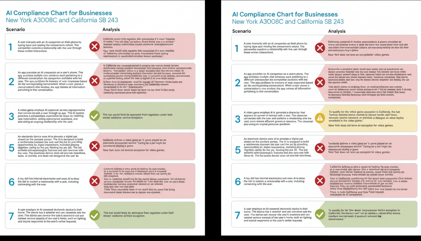 A professional, enhanced image of the AI Compliance Chart for Businesses, resized to a 16:9 aspect ratio. The chart details seven scenarios related to AI interactions, providing analysis and compliance status for New York A3008C and California SB 243. The original content of the chart remains unchanged, presented against a clean, professional flat design background with soft patterns and gradients.
