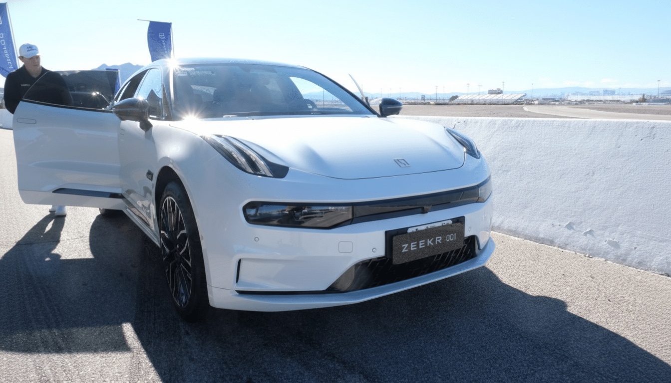 A white Zeekr 001 electric car with its drivers side door open, parked on an asphalt surface next to a white barrier, under a clear sky.