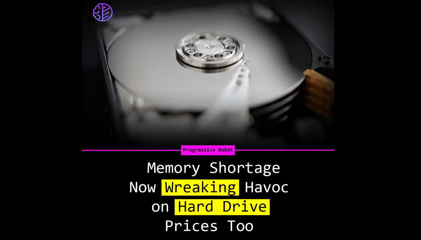 A 16:9 aspect ratio image showing the internal components of a hard drive with a purple brain icon and text overlay that reads Progressive Robot Memory Shortage Now Wreaking Havoc on Hard Drive Prices Too.