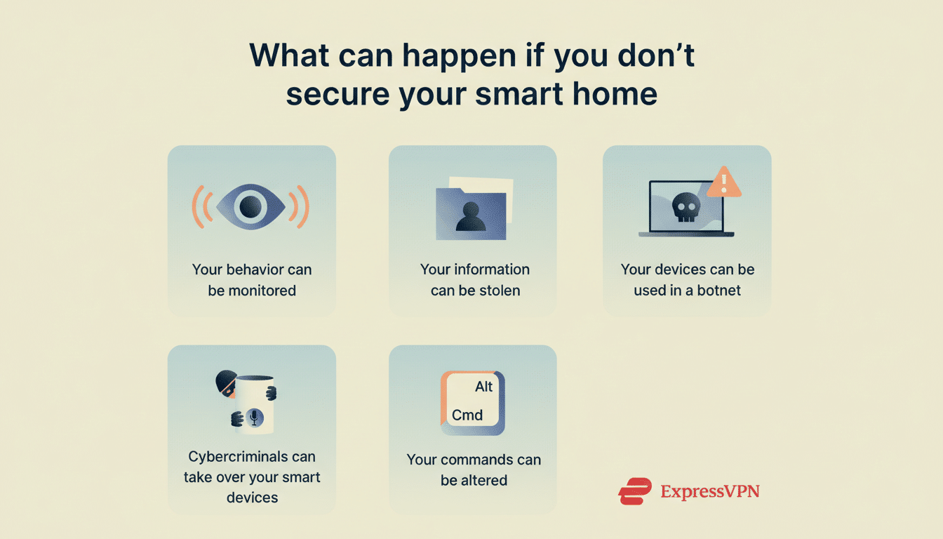 Smart home cybersecurity: connected devices with lock and warning icons showing hacking risks