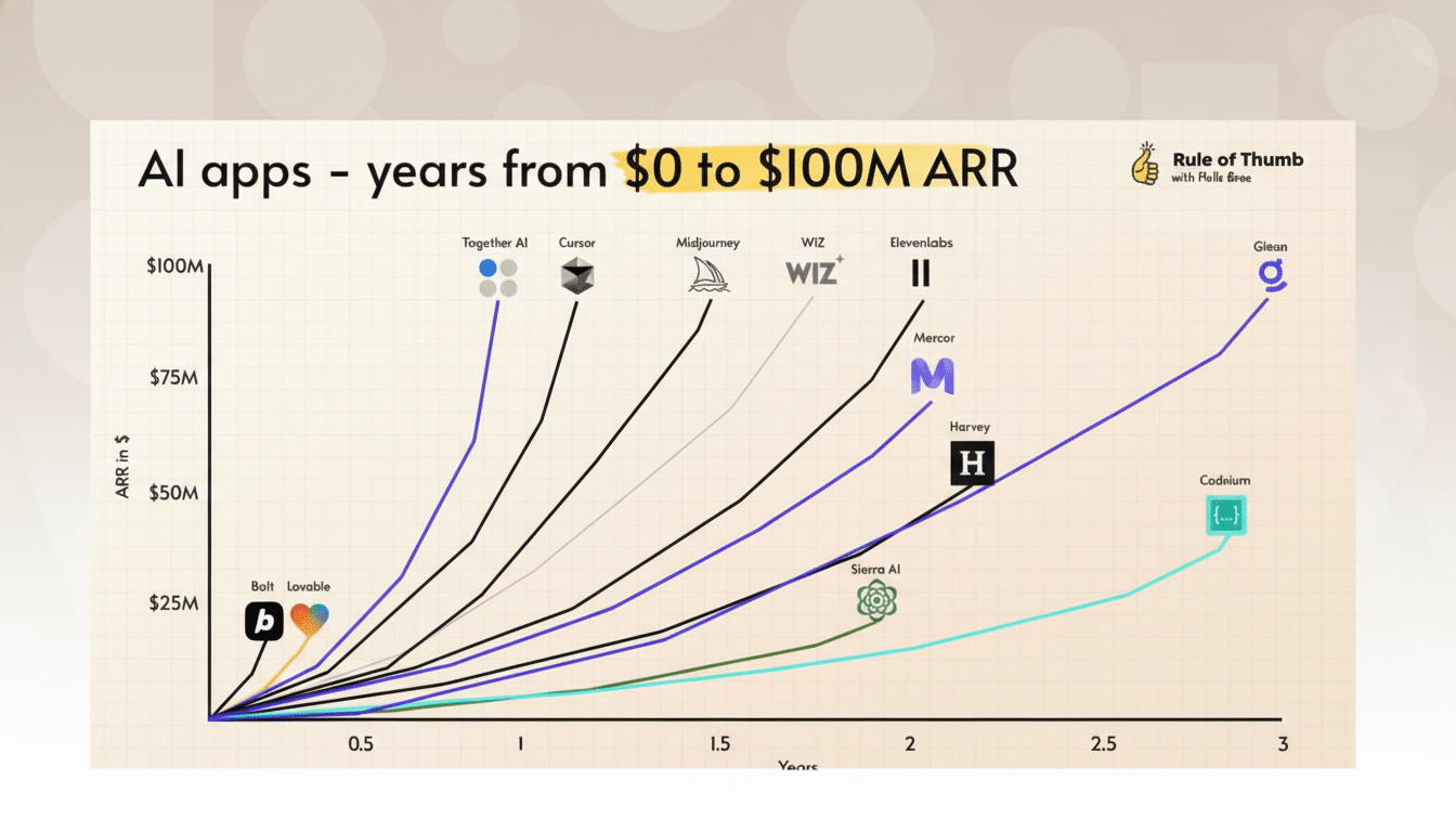 A chart titled AI apps - years from $0 to $100M ARR showing the growth trajectories of various AI companies over time, with a professional flat design background.