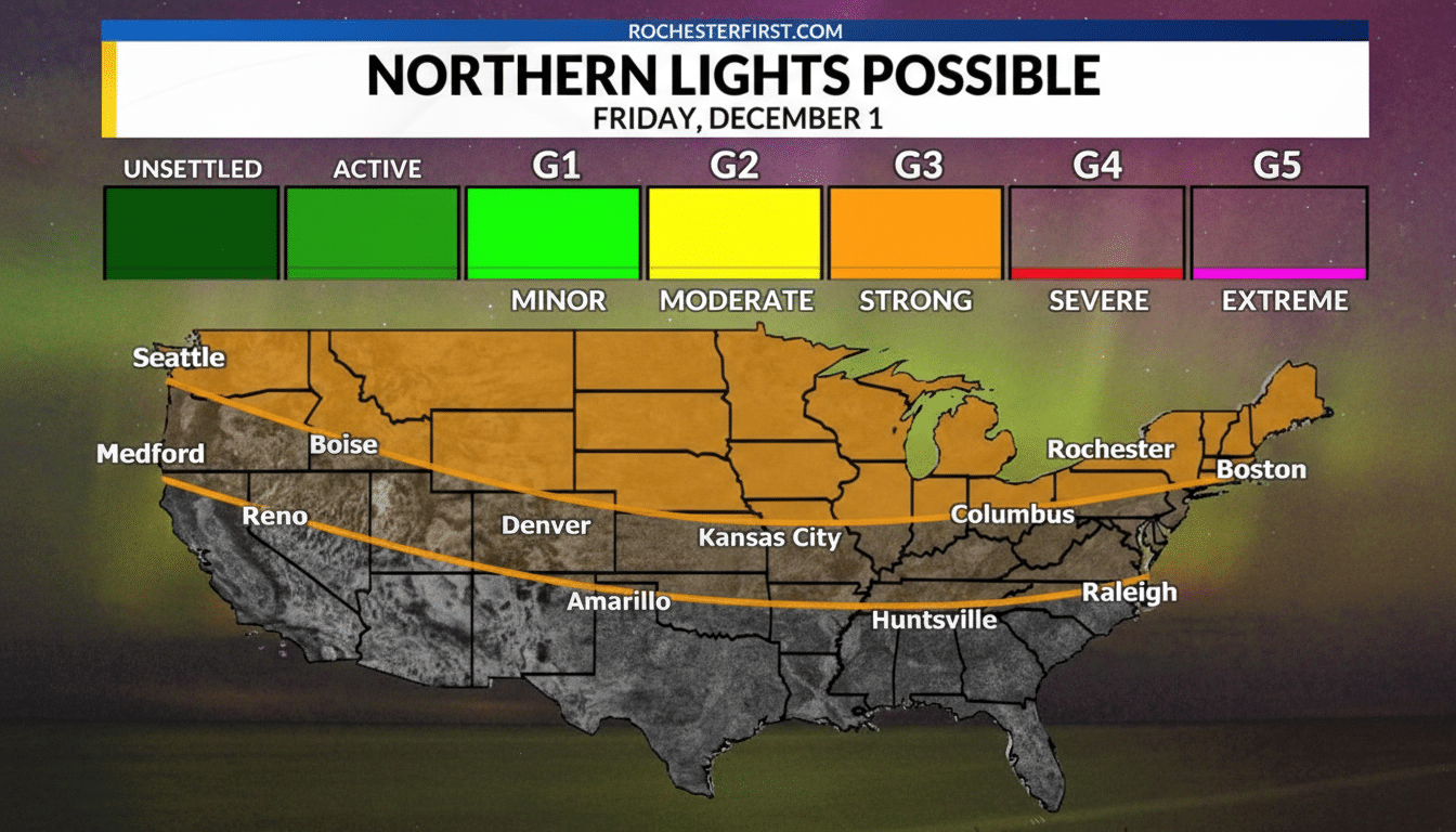 Northern Lights aurora borealis across US skies, green and purple bands
