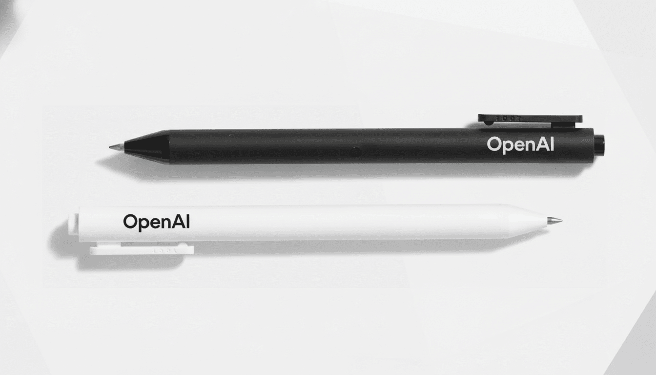 A black and a white Open AI branded pen, professionally presented on a clean, light background with subtle geometric patterns.