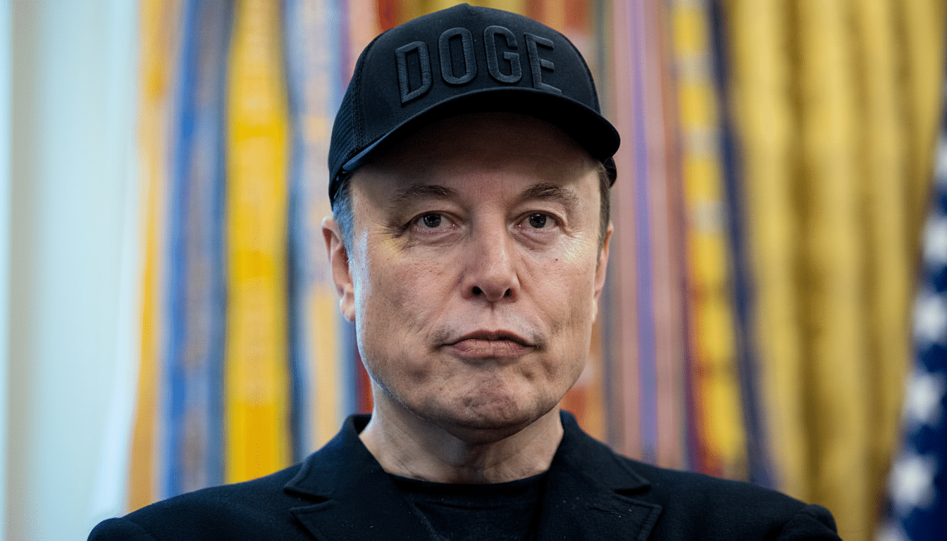 A man wearing a black DOGE baseball cap and a black jacket, looking directly at the camera with a neutral expression. The background features blurred vertical stripes of yellow, blue, and red, with a hint of the American flag on the right.
