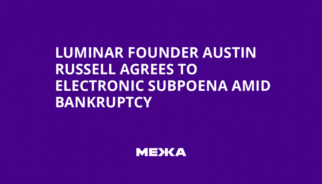A purple background with white text that reads LUMINAR FOUNDER AUSTIN RUSSELL AGREES TO ELECTRONIC SUBPOENA AMID BANKRUPTCY and МЕЖА at the bottom.