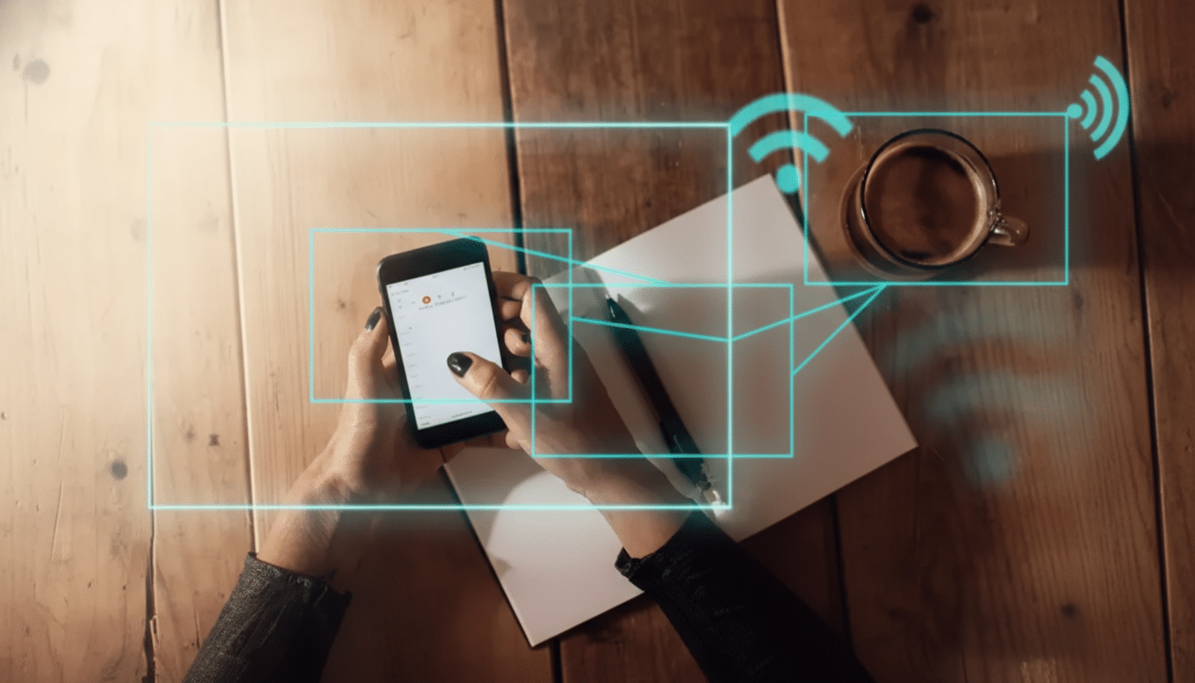 A persons hands holding a smartphone over a wooden table with a notebook, pen, and coffee cup, overlaid with glowing blue digital network graphics.