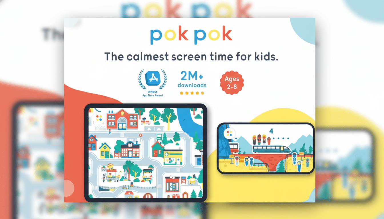 A 16:9 aspect ratio image of the Pok Pok app advertisement, featuring two screens displaying colorful, child-friendly game interfaces. The larger screen shows a town map with houses, trees, and a river, while the smaller screen shows a train crossing a bridge with characters. The text pok pok and The calmest screen time for kids. are at the top, along with badges for WINNER App Store Award, 2M+ downloads, and Ages 2-8. The background is a clean, professional flat design with soft patterns and gradients.