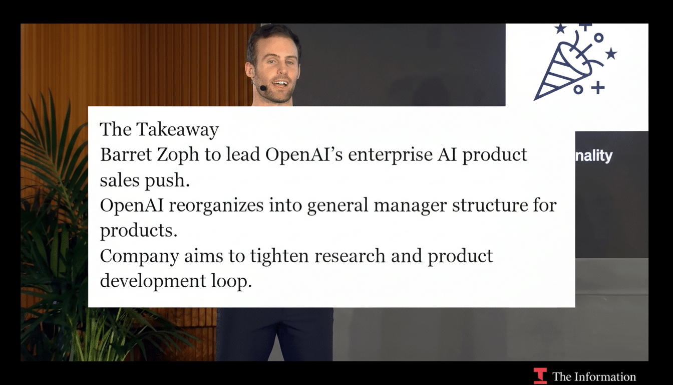 OpenAI logo with enterprise growth arrows; Barret Zoph leads expansion