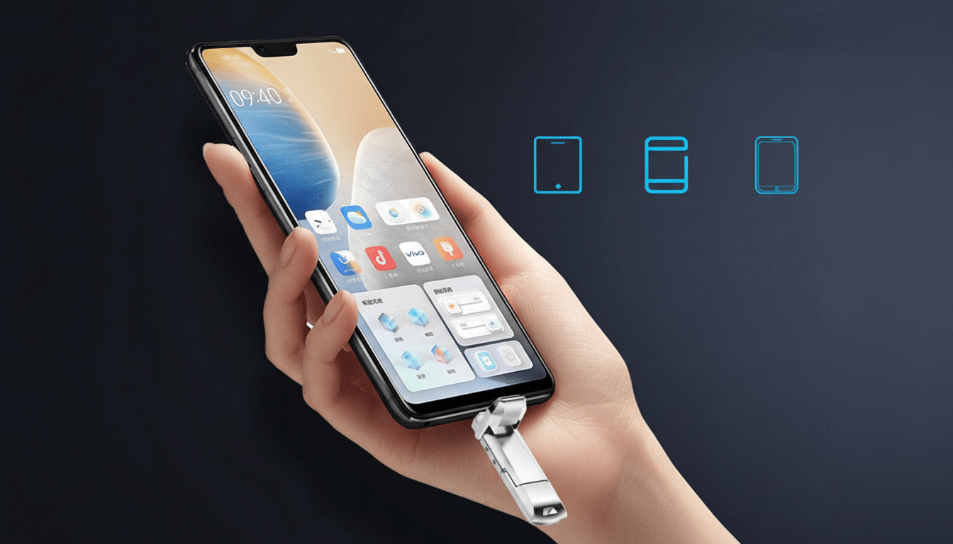 A hand holding a smartphone with a small, silver, foldable device plugged into the charging port. Three blue outline icons representing different phone orientations are displayed in the background.