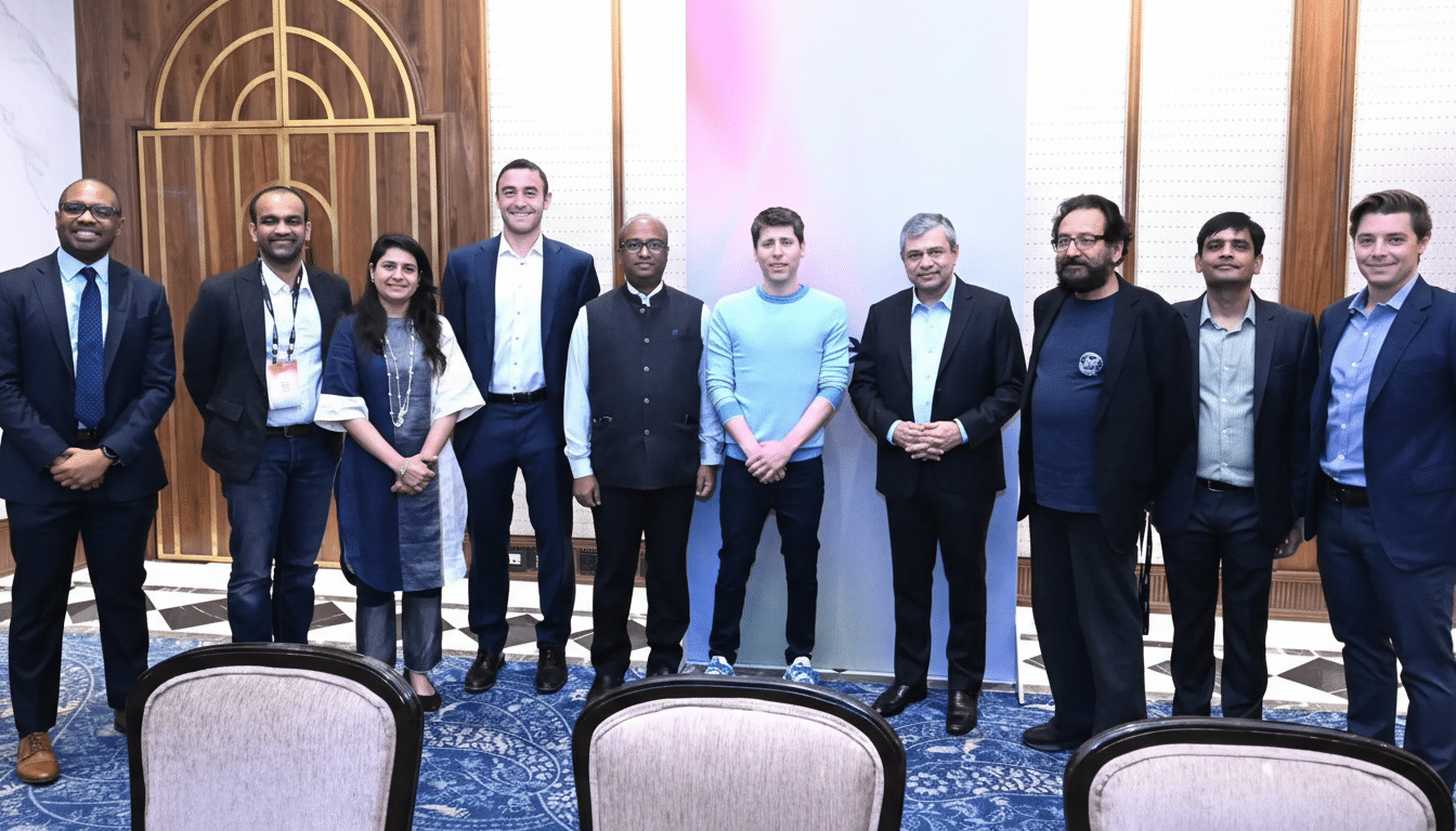 A group of ten professionals, including men and one woman, are standing in a line, posing for a photo in a formal setting. They are dressed in business attire, with a mix of suits, traditional Indian wear, and smart casuals. The background features a wooden wall with an arched design on the left and a light-colored wall with subtle vertical gradients on the right. Two chairs are visible in the foreground.