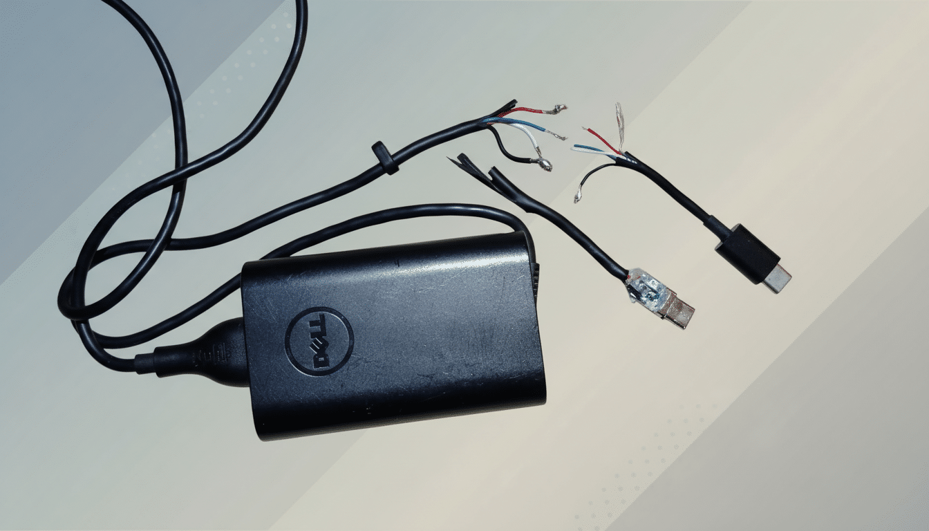 A Dell power adapter with a frayed and exposed USB-C cable, presented on a professional flat design background with soft patterns and gradients.