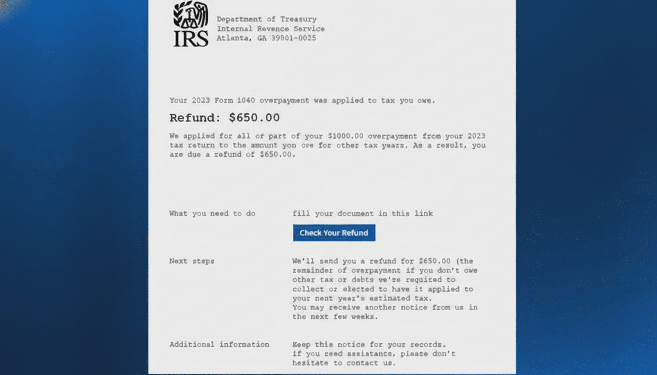 Smartphone texts and email inbox showing IRS impostor phishing; FTC warning