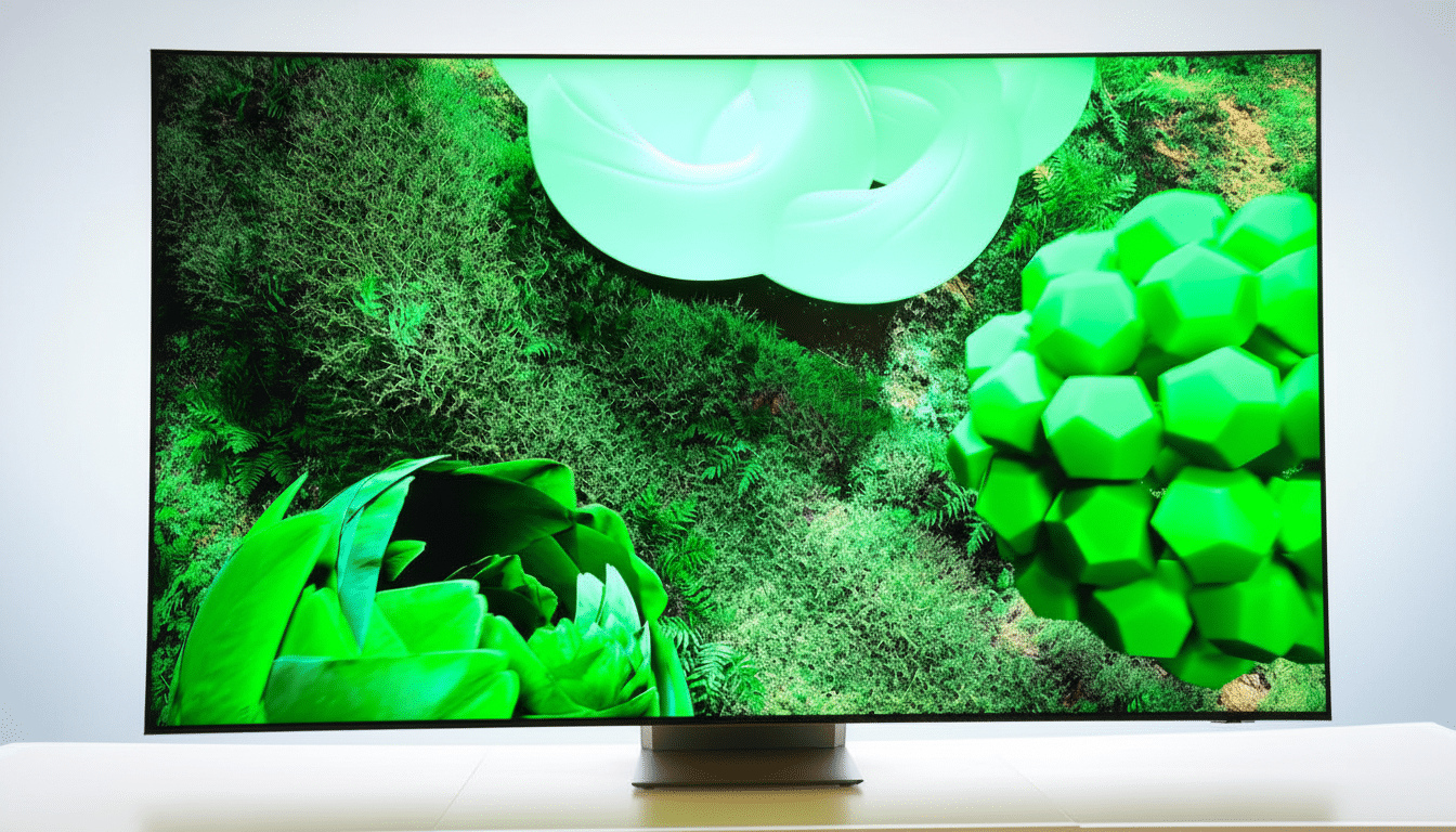 A curved television screen displaying a vibrant green, abstract nature scene, set against a clean white background.
