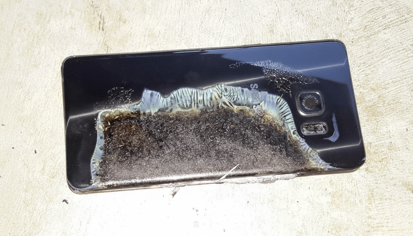 A burnt and damaged black smartphone lying on a light-colored surface.