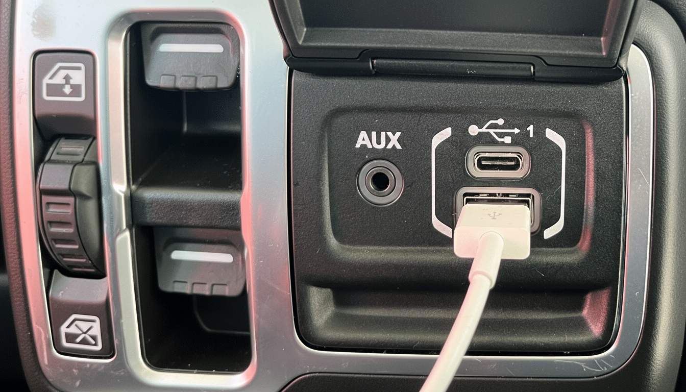 Car USB port with phone and flash drive connected, illustrating new in-car uses