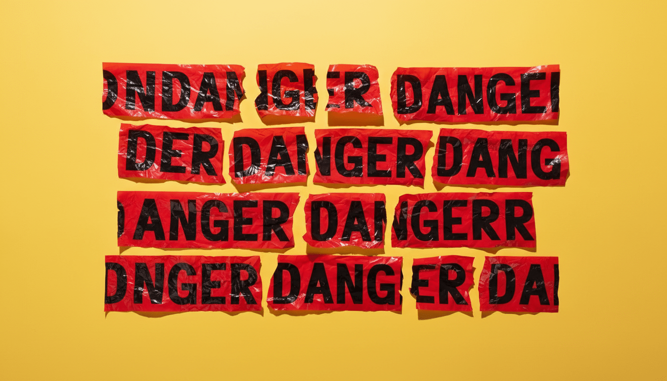 Red strips of tape with the word DANGER in black letters, arranged on a yellow background.