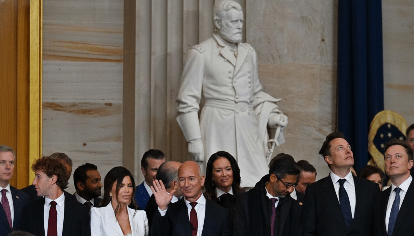 A group of prominent individuals, including Jeff Bezos waving, stand in a formal setting with a statue of a historical figure in the background.