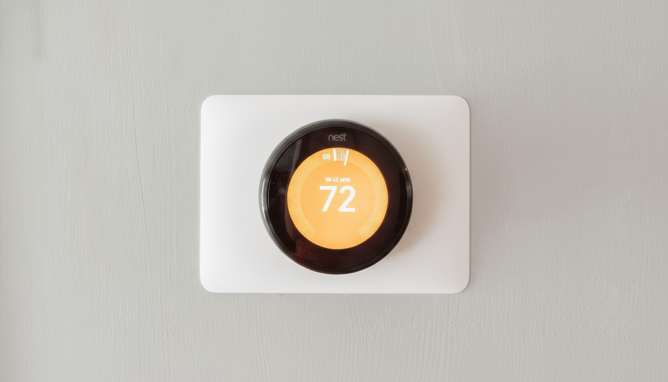 A Nest thermostat displaying a temperature of 72 degrees Fahrenheit, mounted on a white base plate against a light gray wall.