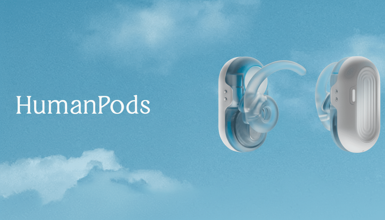 A pair of HumanPods earbuds, one transparent and one white, against a blue sky background with soft clouds.