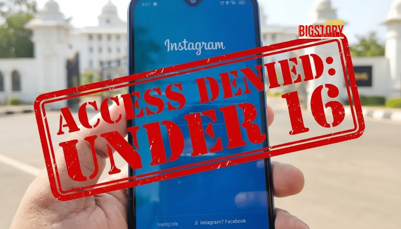 A hand holding a smartphone displaying the Instagram login screen with a red ACCESS DENIED: UNDER 16 stamp over it, set against a blurred outdoor background with a building.