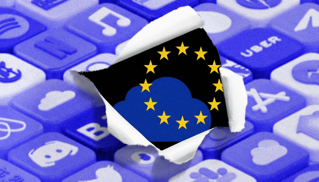 A torn hole in a blue background of app icons reveals a black background with a blue cloud and yellow stars, representing the European Union.