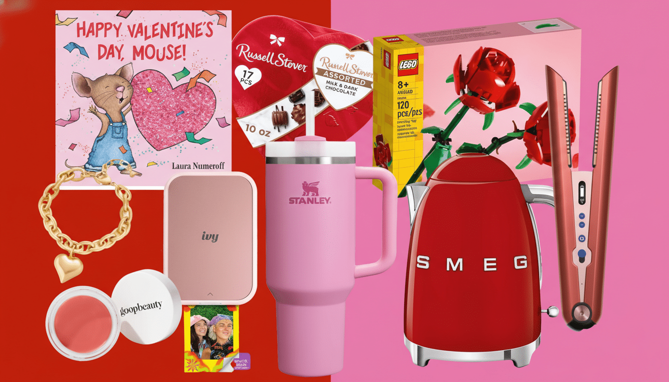 A collage of Valentines Day themed gifts, including a childrens book, chocolates, a Stanley tumbler, a Smeg kettle, a hair straightener, a bracelet, and beauty products.