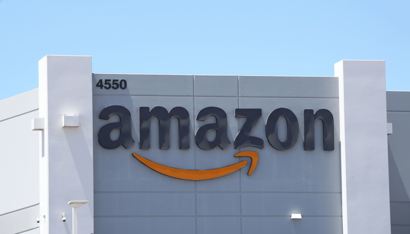 The Amazon logo on the side of a building, resized to a 16:9 aspect ratio.