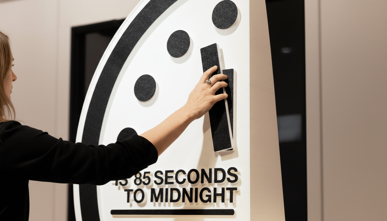 A womans hand adjusts the minute hand on a large, white Doomsday Clock display, which reads 90 SECONDS TO MIDNIGHT.