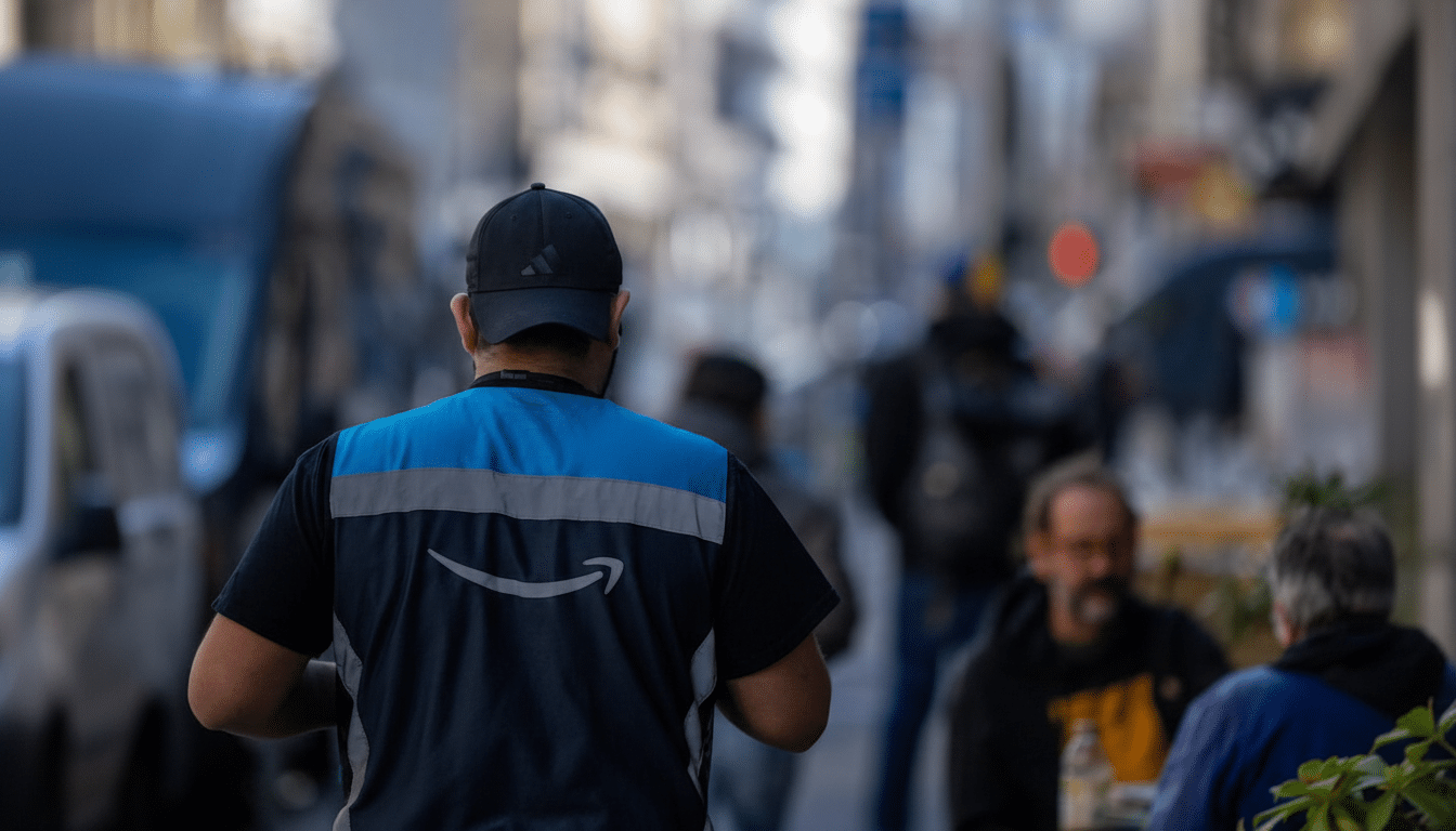 A person wearing an Amazon uniform and a black baseball cap, viewed from behind, walks down a street with blurred buildings and other people in the background.